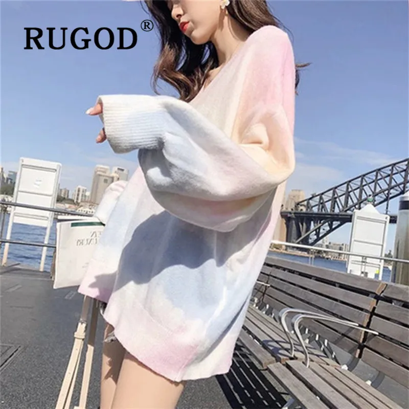 RUGOD, новые осенние поступления, женский свитер, пуловеры с круглым вырезом, милый Радужный Свободный вязаный свитер, корейский милый ins туника, модный топ