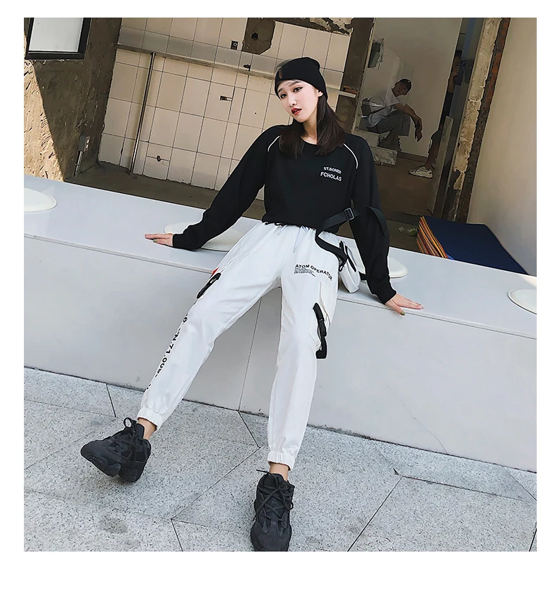 Харадзюку женские брюки-карго с высокой талией, свободные штаны с карманами, Женская Корейская уличная одежда, белые черные брюки в стиле