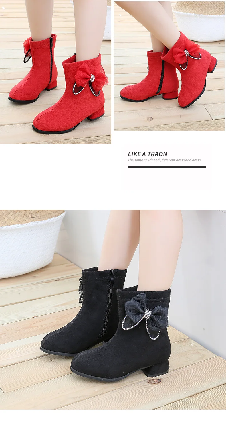 Winter Boots for Girls Shoes Fashion Rhinestone Bow Princess Boots Plus Velvet Warm Kids Shoes Heels Zip Children Martin Boots