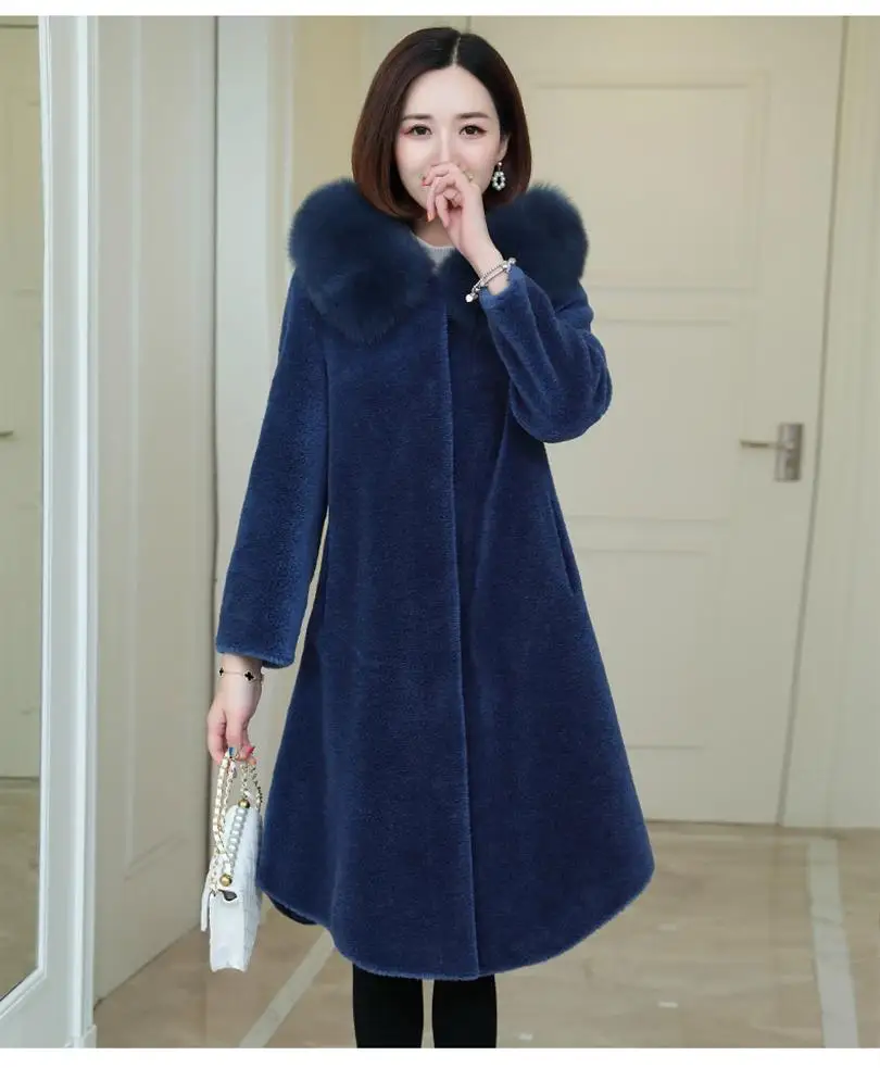 Women Autumn Winter Real Fox Fur Collar Natural Sheep Shearing Fur Coat Female Genuine Lambswool Jacket Abrigos Mujer N252