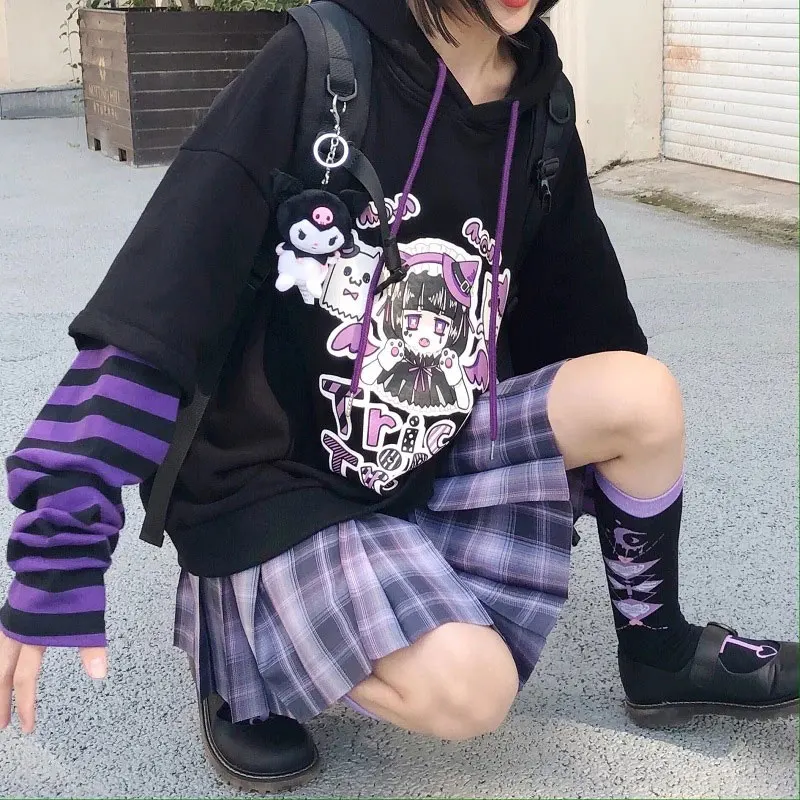 Blusa feminina com capuz Y2K anime Harajuku japonês Kawaii Emo