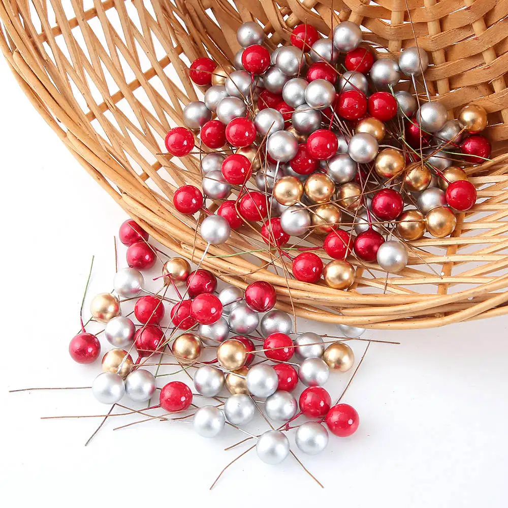 Artificial Plants Artificial Flowers Artificial Flower Artificial Flower Bouquet 50/100pcs/Lot mini plastic berry artificial flower red cherry pearlescent stamen wedding Christmas Cake Box Wreaths Decoration