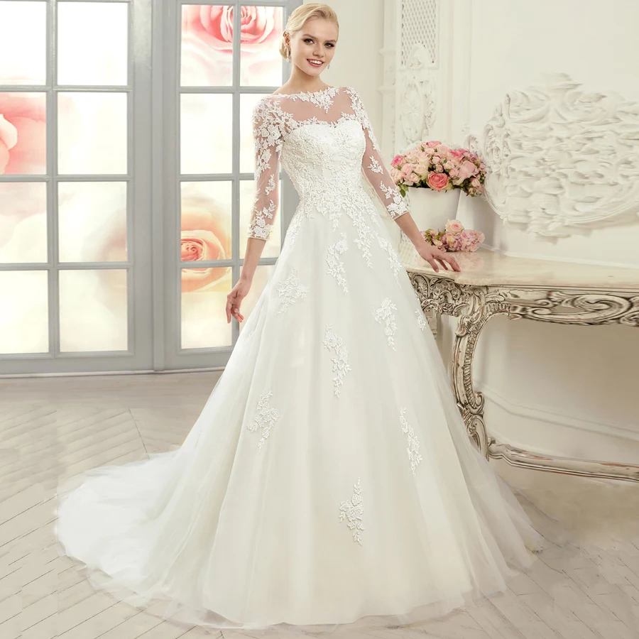 Великолепные Свадебные платья Vestido De Noiva Новое поступление совок с длинным рукавом Аппликация Тюль А-силуэт Свадебное Платье Иллюзия сзади