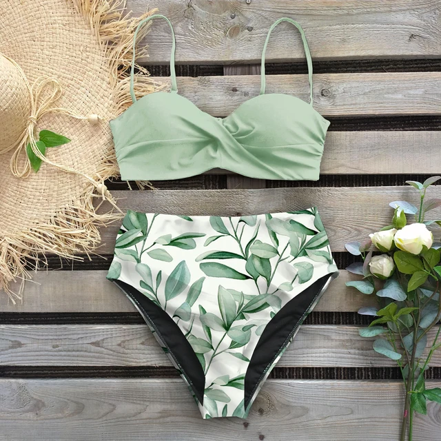 Leaf Print Bikini Female Swimsuit Women Swimwear Thong Push Up Bikinis Set High Waist Swimming Suits for Bathing Suit