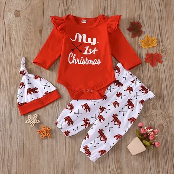 

Newborn Baby Girl My First Christmas Outfit Letter Print Romper+Deer Print Pants+Hat Set Fashion 3-piece Outfit Set Long sleeve