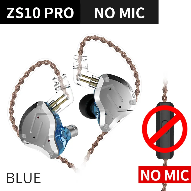 Blue no mic KZ ZS10Pro PRO 4BA+ 1DD гибридные наушники, гарнитура, Hi-Fi наушники, наушники-вкладыши, мониторные наушники для KZ AS10 ZS10 ZSN PRO ZSXZST ZS5 - Цвет: Blue no mic