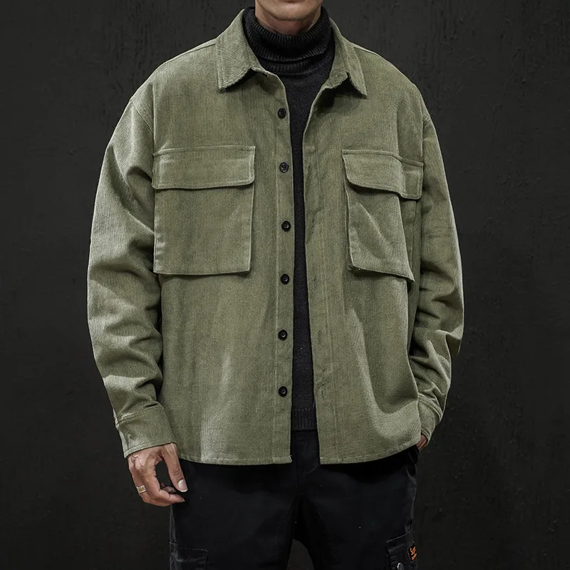 Army green 19 мужская Вельветовая куртка Свободное пальто Куртка Свободная Молодежная будет код карман украшение куртка - Цвет: Army green
