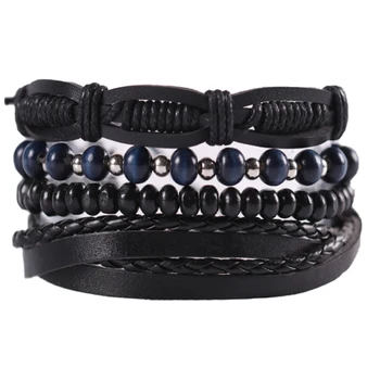 

Leather Bracelet Men's Vintage Wood Blue Handmade Rope Braided Vintage Multilayer Beads Winding Bracelet Bracelet Pulsera New