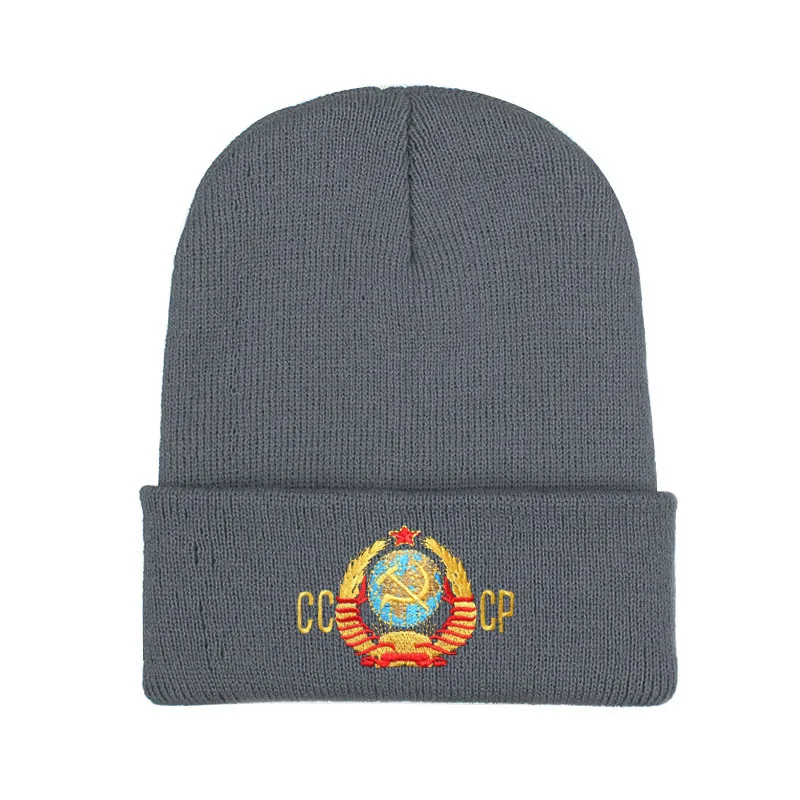 Gray Вышивка CCCP мужская вязаная шапка Skullies зимние вязаные шапочки для мужчин двухслойная теплая шапка шапки для мальчиков лыжные кости - Цвет: Gray