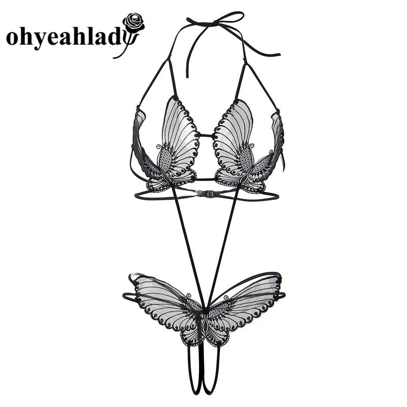 Ohyeahlady бабочка черная Экзотическая одежда ансамбль сексуальный нежный бюстгальтер и стринги Набор Кружева Холтер женское белье Ouverte RJ80762