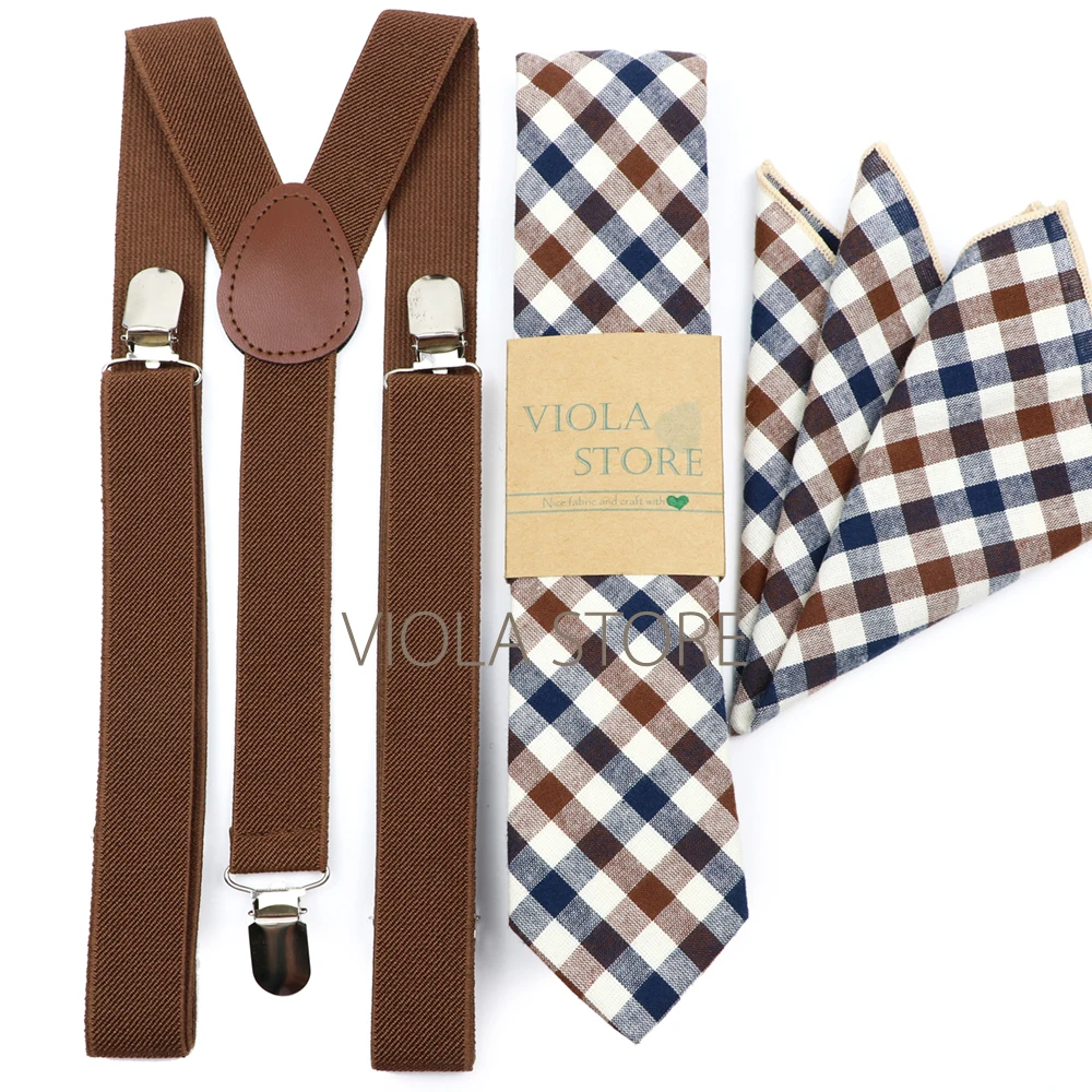 Hot Top Brown Plaid Men Elastic Suspender Cotton Necktie Hankie Sets Wedding Party Adjustable Brace Straps Cravat Gift Accessory |