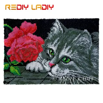 

Latch Hook Rug Chunky Yarn Tapestry Kits Crocheting Cushion Mat Cat with Rose DIY Carpet Rug Needlework Hobby & Crafts 85*58cm