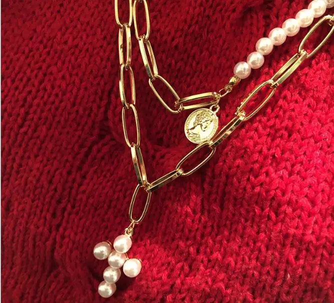 Винтажное жемчужное женское короткое ожерелье с крестиком - Окраска металла: Electroplated gold