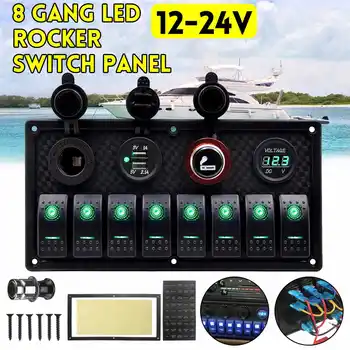 

8 Gang Rocker Switch Panel Circuit Breaker Overload Protected Voltmeter 12V 24V DC USB Charger Port RV Car Boat Marine