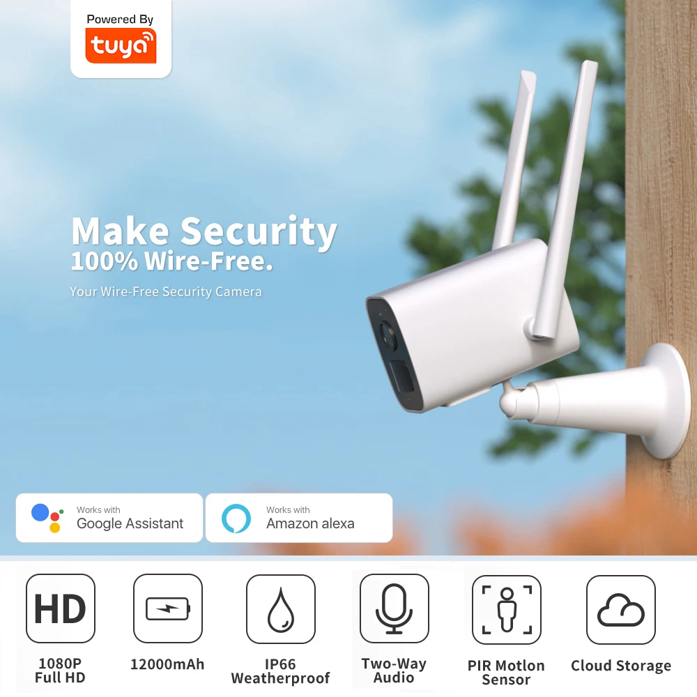 

Беспроводная Wi-Fi камера Tuya 1080P с мощным Wi-Fi сигналом и аккумулятором на 10000 мАч, с поддержкой Google Alexa