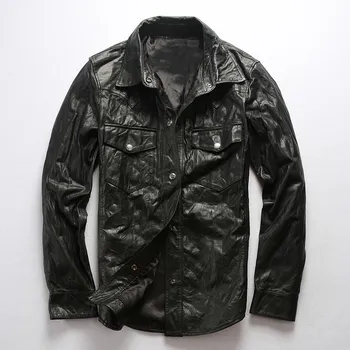 

2020 Black Men Slim Fit Europe Style Casual Shirt Plus Size XXXL Genuine Thin Sheepskin Spring Fashion Leather Coat