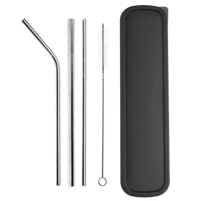 Black 5pcs Stainless Steel Reusable Bent Straight Drink Straws with Cleaner Brush - Цвет: Black