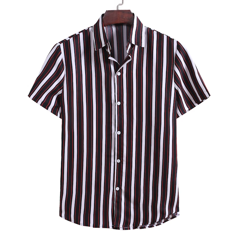 

KISSQIQI Men Striped Short Sleeve Shirt Fashion Creative Turn-down Neck Shirt Loose Summer Male Tops Maximum Asian Size M-3XL