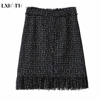

LXMST Ladies Tweed Skirt Sexy High Waist Fashion Runway Tassel Skirt Women Vintage Club Wear Woolen Skirts Knee Length