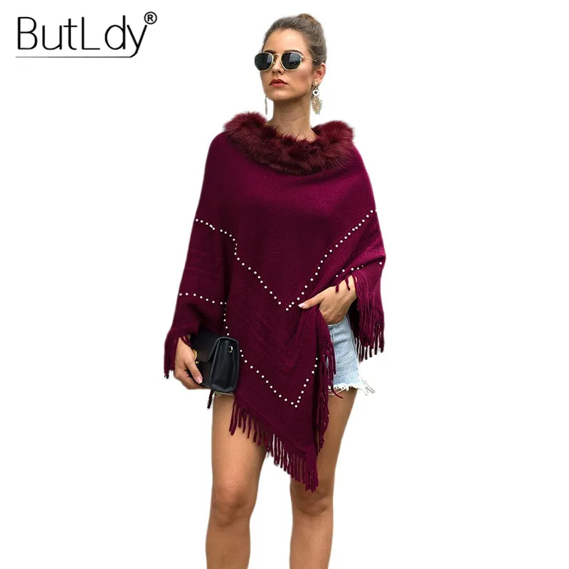 

O-neck Beading Tassel Poncho Cape Women Fur Collar Solid Pullovers Womens Capes Long Sleeve 2019 Autumn Winter New Style Poncho
