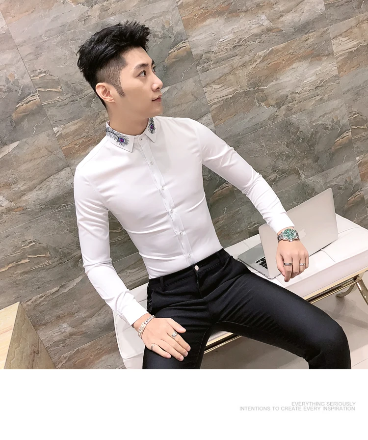Весенняя Корейская мужская рубашка с длинным рукавом Camisa Masculina, одноцветная модная мужская рубашка с вышитыми перьями, Camisa Homem, Черная