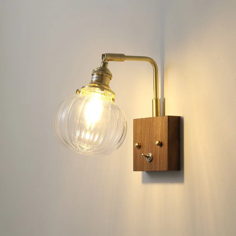 IWHD Nordic Wooden LED Wall Light Fixtures Bedroom Living Room Glass Ball Copper Modern Wall Sconce Wandlamp Pull China Switch