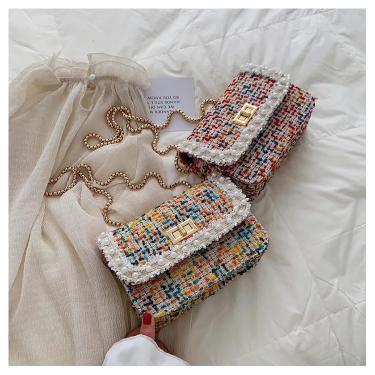 Зимняя модная новинка, Женская квадратная твидовая сумка, качественная шерстяная жемчужная женская дизайнерская сумка, женская сумка на цепочке, сумка через плечо