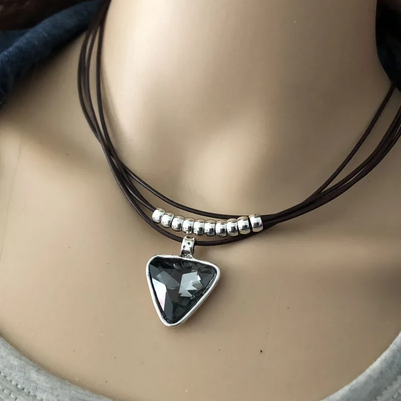 

Anslow New Hot Fashion Jewelry Vintage Retro Multiliyer Leather Triangle Crystal Pendant Choker Necklace Cheap Price LOW0018AN