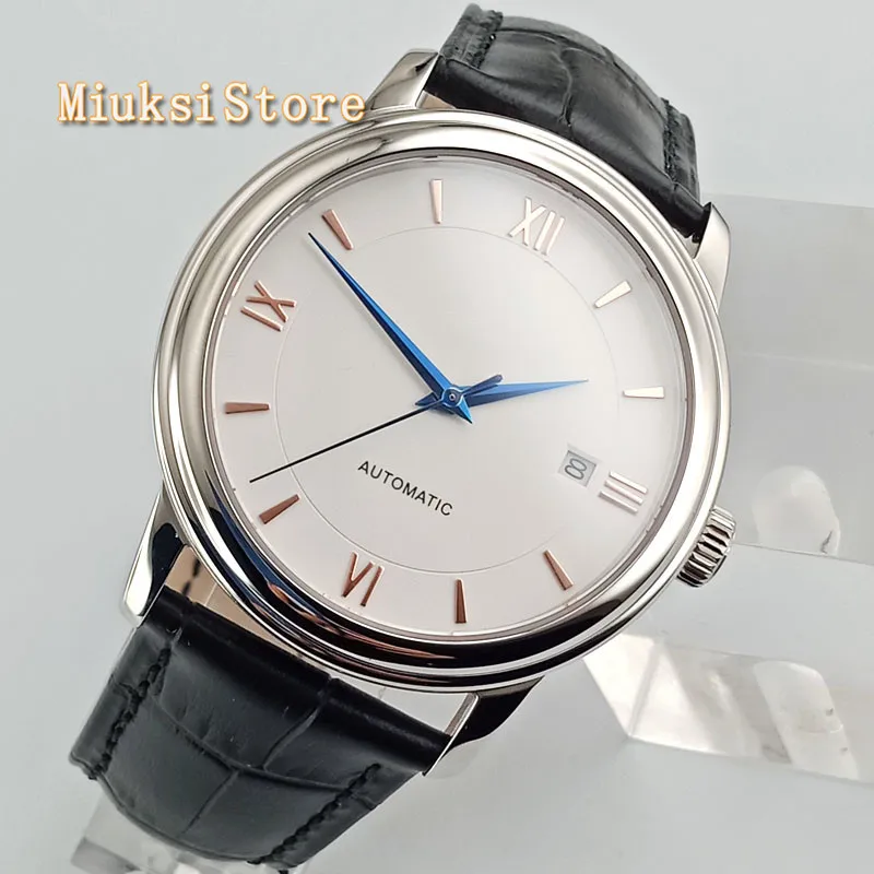 

Goutent 40mm fashion simple men's mechanical watch no logo blue dial silver case sapphire glass date automatic watches 2839