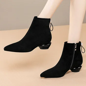 

Women's natural suede leather pointed toe low heel autumn ankle boots plus size 34-42 women's short booties shoes for women sale