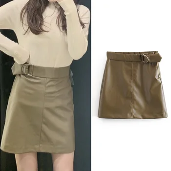 

England sashes high waist A-line PU faux leather mini skirt women faldas mujer moda 2020 casual sexy fashion chic female skirts