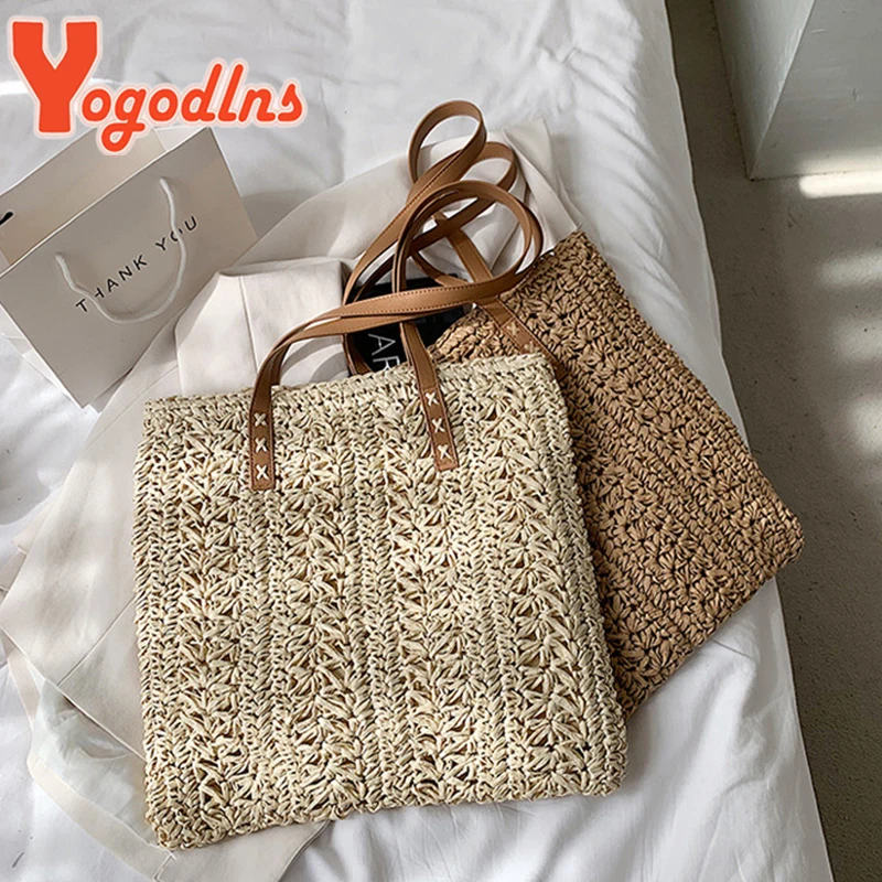 Yogodlns Summer Hollow Out Straw Bag Women Large Capacity Shoulder Bag Handmade Weave Totes Bag Travel Beach Bag Shopping Pouch