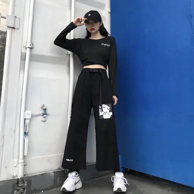  Anime Print High Waist with Belt Wide Leg Baggy Pants Women' s  Pants Korean Style Trousers Loose Pants (Color : 2, Size : S.) : Clothing,  Shoes & Jewelry