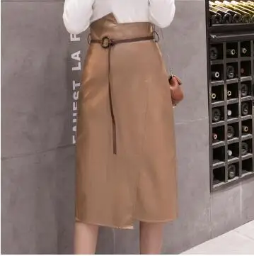 9118 khaki Pengpious, сексуальная женская облегающая юбка из искусственной кожи, Женская юбка с завышенной талией, необычный крой, Женская юбка из искусственной кожи, длина до колена, с поясом, женские юбки - Цвет: 9118 khaki