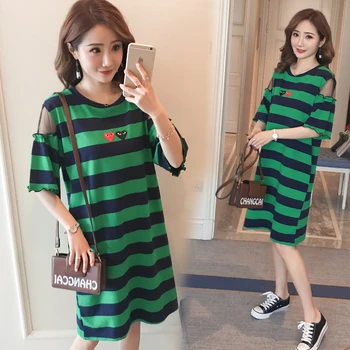 

2129# Summer Casual Loose Maternity Long Tees Dress Striped Cotton Clothes for Pregnant Women 3XL 4XL Pregnancy Tees T Dress