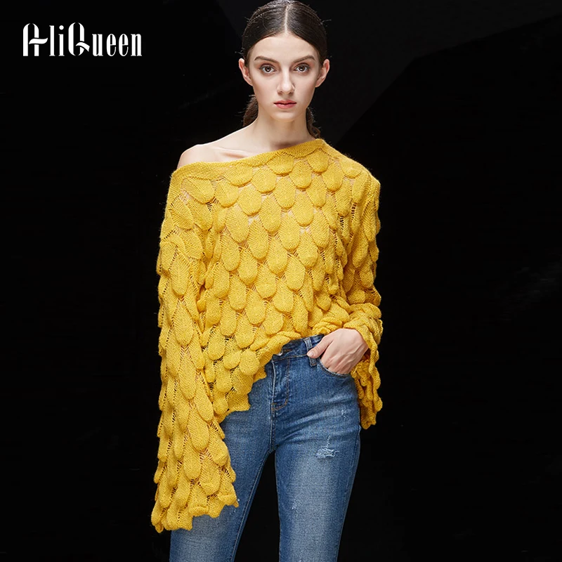 

2019 Autumn Flare Sleeve Feather Knit Sweater Women Loose Casual Thin Pullovers Streetwear Perspective Oversized Sweater Top