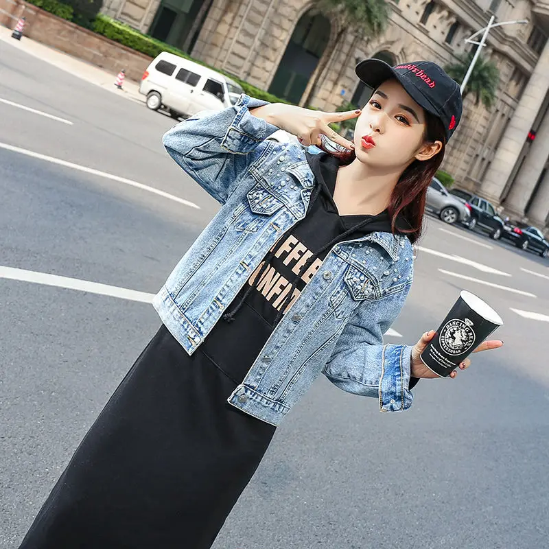 awesome  Shipp within 12hours 2020 Spring Plus Size Pearl Beaded Short Denim Coat Women S-5XL Long Sleeve Ca