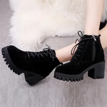 Новые женские ботинки Осень-зима матовые ботинки с круглым носком на шнуровке студенческие ботинки на Высоком толстом каблуке
