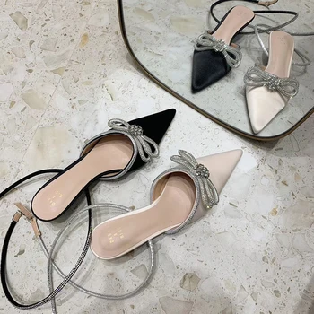 

Pointed Toe Women Sandals Ankle Strap Lace Up Slides Bow Design Thin Mid Heels Elegant Sandals Slippers Stain Shoes Dress Shoes