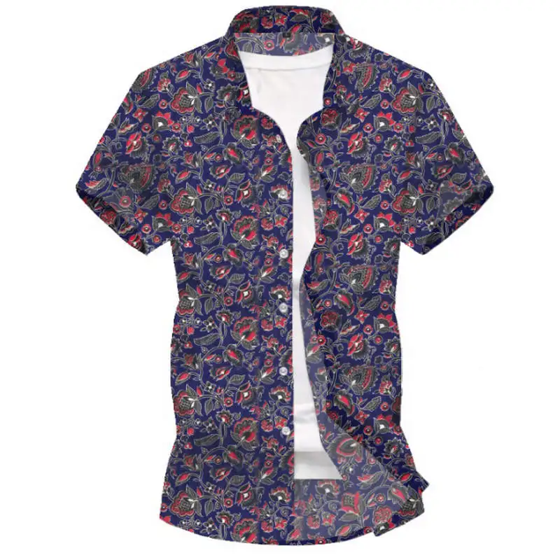 New Summer Mens Short Sleeve Beach Hawaiian Shirts Cotton Casual Floral Shirts Regular Plus Size 3XL Mens clothing Fashion - Цвет: HZ66 blue