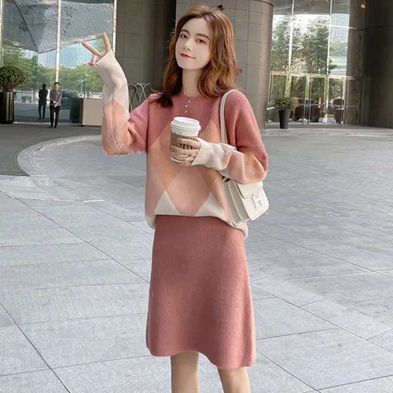 

Fashion Geometry Pattern O-Neck Loose Sweater Jumpers + High Waist Midi Skirt Set Woman Autumn Winter Knit Pullover Skirt Suits