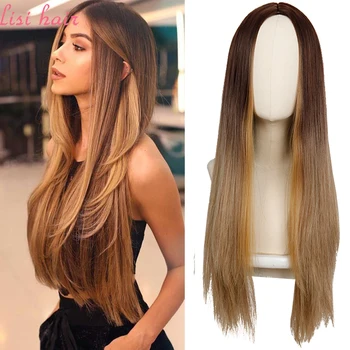 

LISIHAIR Synthetic Wig Silver Gray Brown Gold Gradient High Density Long Straight Hair Female Wig 24 26 Inch Wig