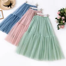 Женские Асимметричные тюлевые юбки Эластичная Высокая талия сетчатая юбка-пачка со складками Длинная Юбка-миди Saias Faldas Jupe Femmle