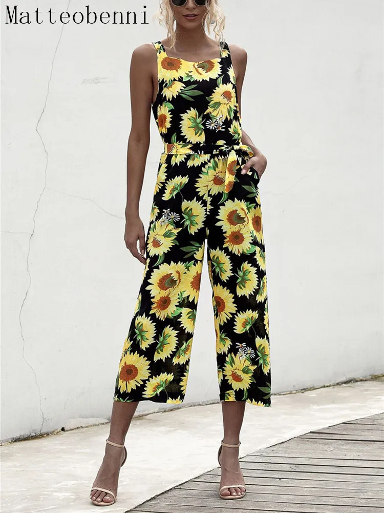 

Sexy floral print wide leg jumpsuits women square neck spaghetti strap long overalls Summer boho casual loose Lady jumpsuit 2020