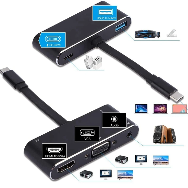USB C Hub 5 in 1 Type C to 4K HDMI VGA USB 3 0 Adapter USB C to o Jack Headphone Cable PD Converter for Pro
