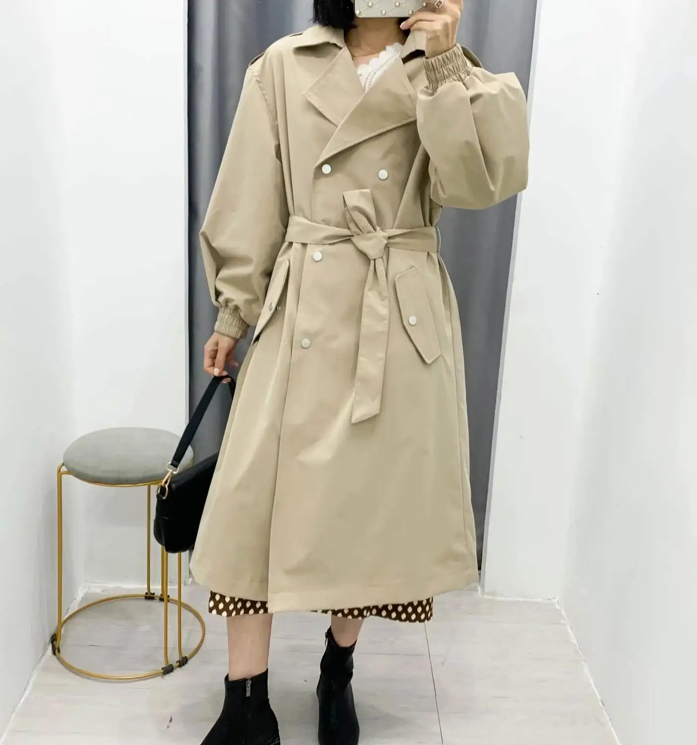 2020 New Autumn Winter Women Long Trench Coat Lapel Collar Long Sleeves with elastic cuffs Belt Casual Women Coats Jackets
