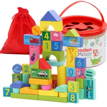 

50 Pieces Packing Kids Environmental Protection Paint Wooden Building Blocks Toy High Quality Wooden Blocks Toy