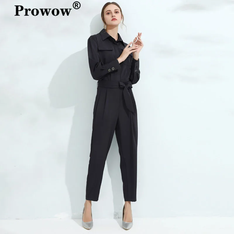 Prowow нагрудный комбинезон для женщин с длинным рукавом сплошной цвет патч Высокая талия комбинезоны дамы уличная одежда конусного типа черные комбинезоны