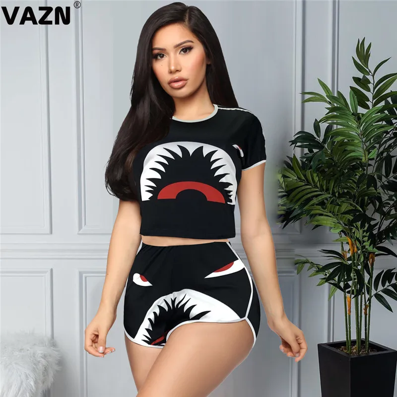 

VAZN XM-798010 New Print Set Regular Young Casual Fashion Short Sleeve Short Pants Elastic Tracksuits Women 2 Pieces Sets