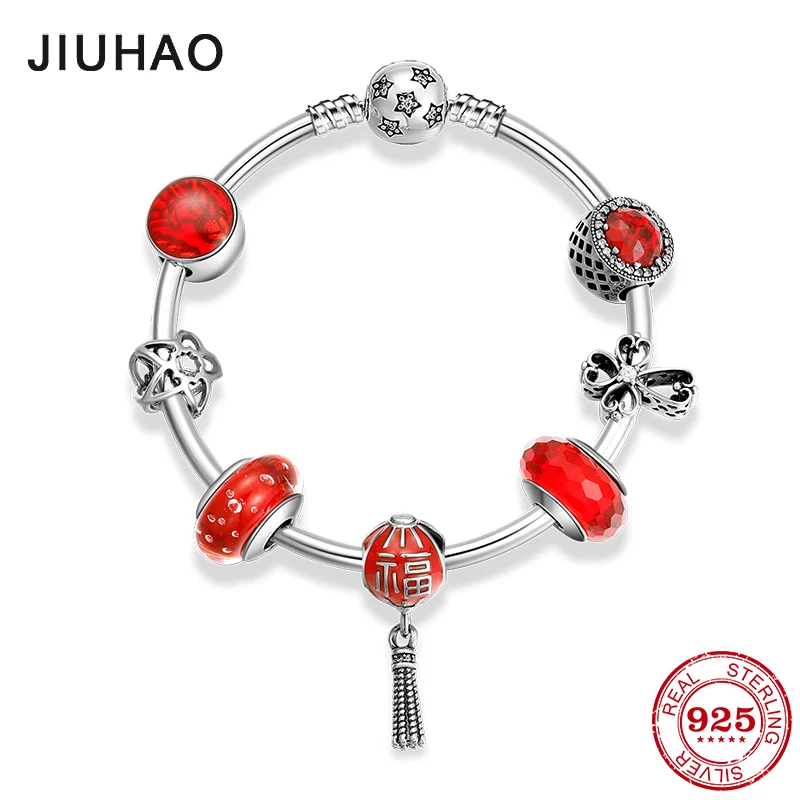 Горячая 925 пробы серебряные праздничные красные Подвески Luck розовые красные стеклянные браслеты из бисера diy для модных ювелирных украшений подарок для женщин